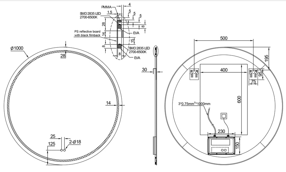 Lumora spiegel rond met LED, dimbaar en spiegelverwarming 100 cm
