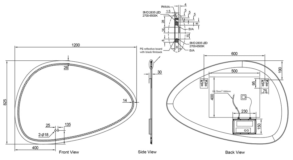 spiegel organisch met LED, dimbaar en spiegelverwarming 120 x 80 cm
