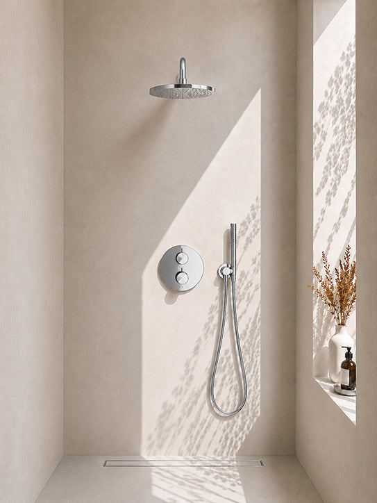 Caral inbouwthermostaat rond compleet met hoofddouche 30 cm en staafhanddouche chroom