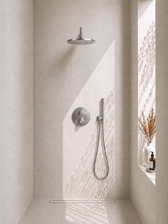 Caral inbouwthermostaat rond compleet met hoofddouche 30 cm en staafhanddouche geborsteld staal