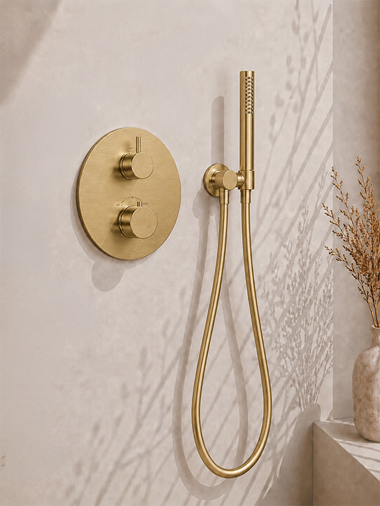 Caral inbouwthermostaat compleet met hoofddouche 30 cm en staafhanddouche geborsteld messing