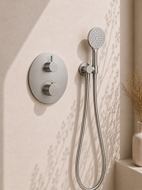 Caral inbouwthermostaat rond compleet met hoofddouche 30 cm en 3 standen handdouche geborsteld staal