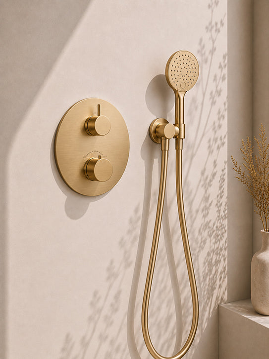 Caral inbouwthermostaat compleet met hoofddouche 30 cm en 3 standen handdouche geborsteld messing