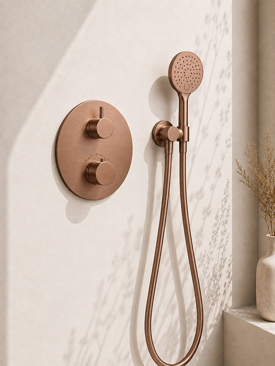 Caral inbouwthermostaat rond compleet met hoofddouche 30 cm en 3 standen handdouche geborsteld brons koper