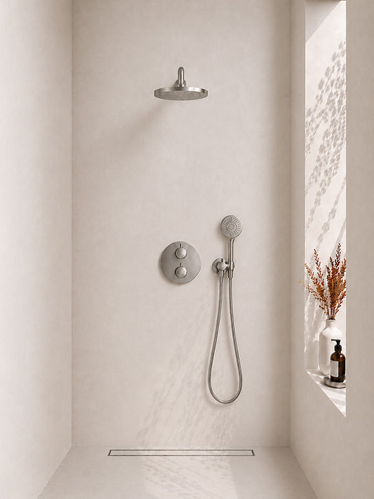 Caral inbouwthermostaat rond compleet met hoofddouche 25 cm en 3 standen handdouche geborsteld staal