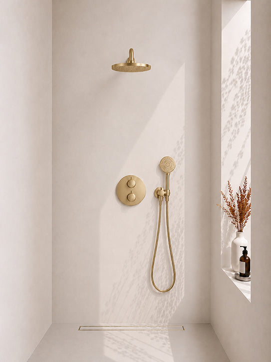 Caral inbouwthermostaat compleet met hoofddouche 25 cm en 3 standen handdouche geborsteld messing