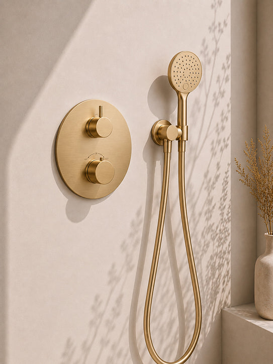Caral inbouwthermostaat compleet met hoofddouche 25 cm en 3 standen handdouche geborsteld messing