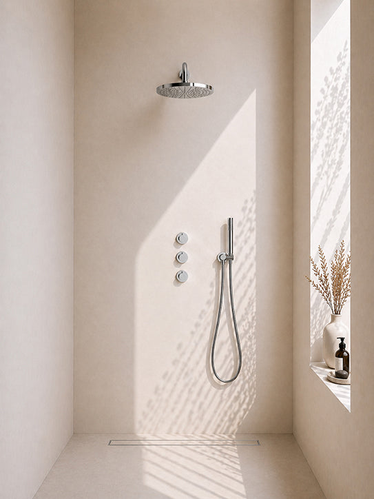 inbouwthermostaat 2 stopkranen compleet met hoofddouche 30 cm en staafhanddouche chroom