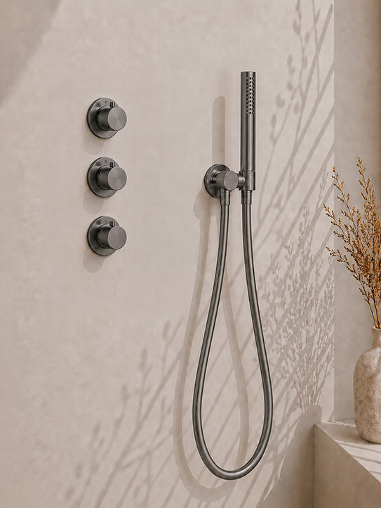 Caral inbouwthermostaat 2 stopkranen compleet met hoofddouche 25 cm en staafhanddouche gunmetal