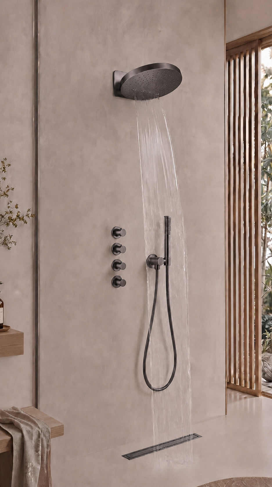 hoofddouche rond 2 standen met muurbevestiging - gunmetal