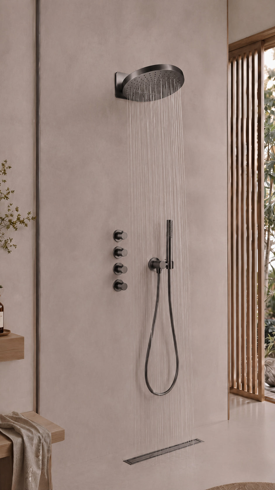 hoofddouche rond 2 standen met muurbevestiging - gunmetal