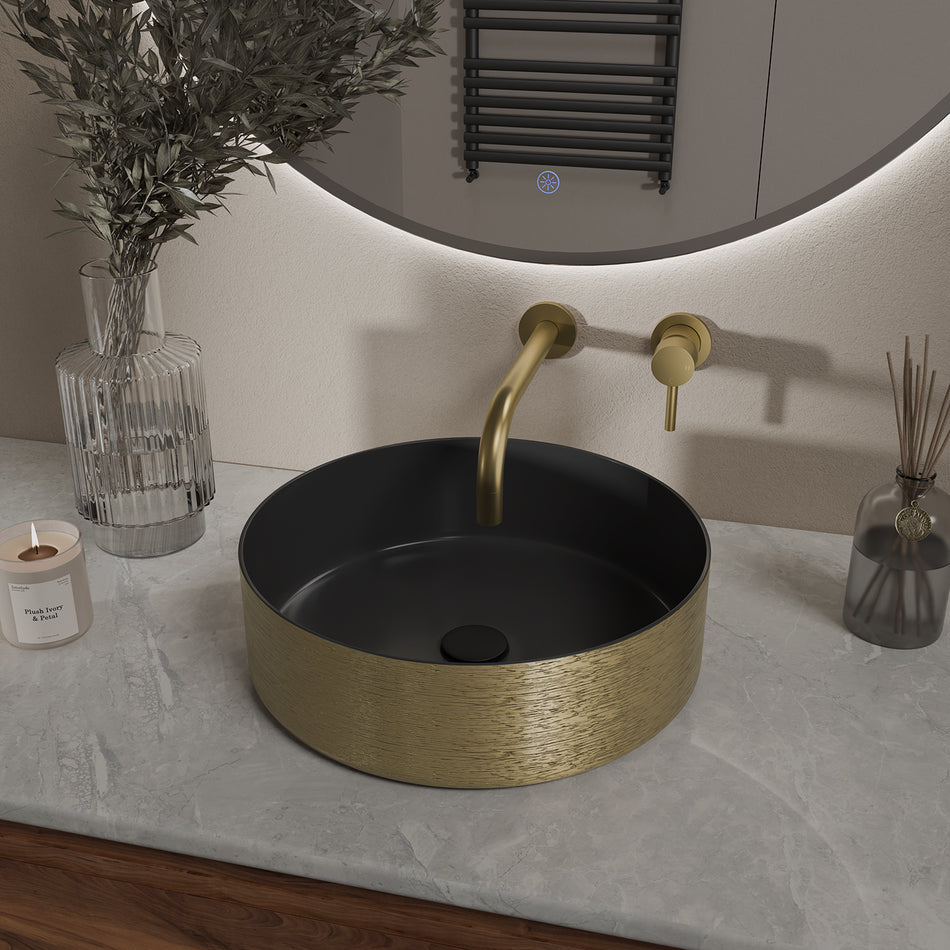 Mondri waskom rond 36 x 36 x 12 cm - zwart/geborsteld goud