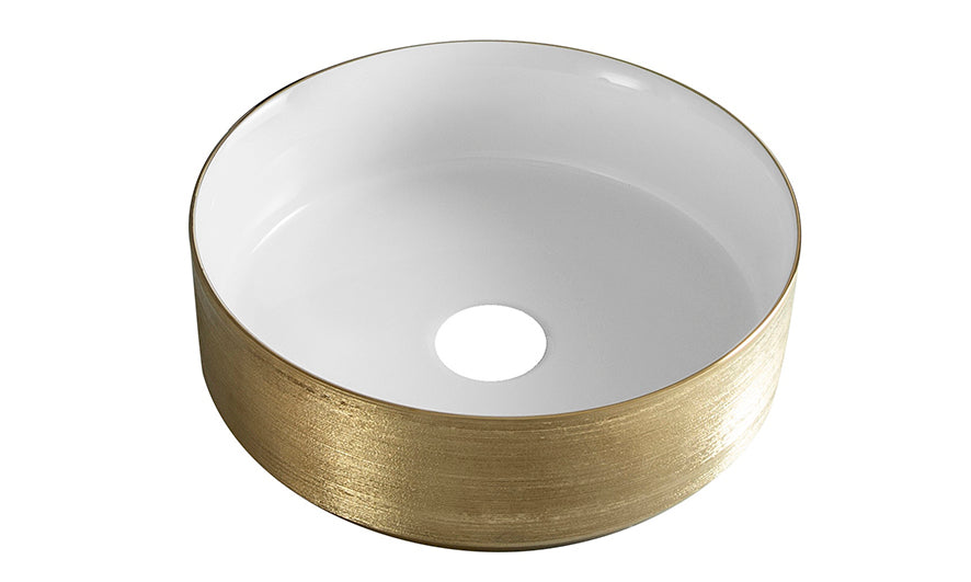 Mondri waskom rond 36 x 36 x 12 cm - glans wit/geborsteld goud