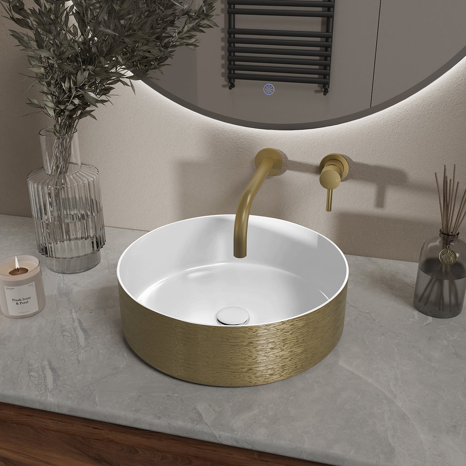 Mondri waskom rond 36 x 36 x 12 cm - glans wit/geborsteld goud