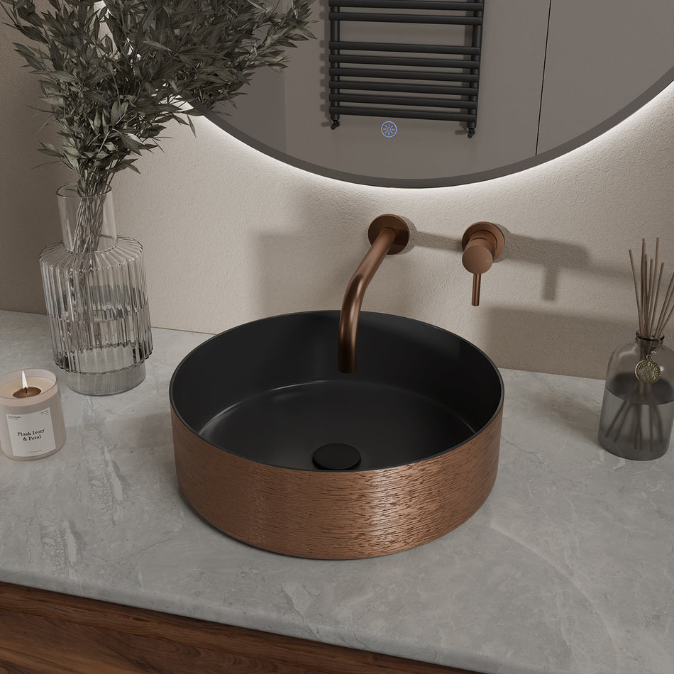 Mondri waskom rond 36 x 36 x 12 cm - zwart/geborsteld brons koper