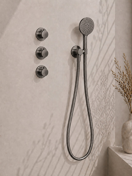 Caral inbouwthermostaat 2 stopkranen compleet met hoofddouche 30 cm en 3 standen gunmetal