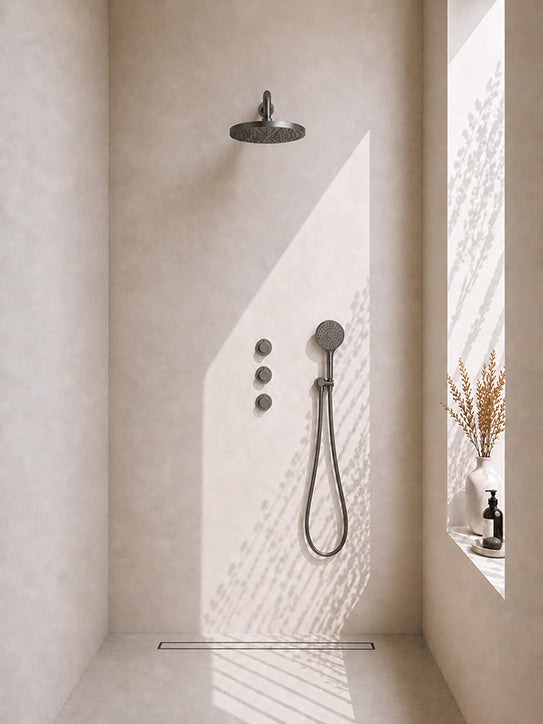 Caral inbouwthermostaat 2 stopkranen compleet met hoofddouche 30 cm en 3 standen gunmetal