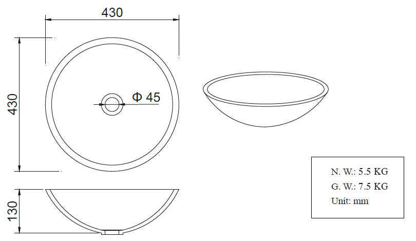 Valerie waskom rond 43 x 13 cm - solid surface - mat zwart