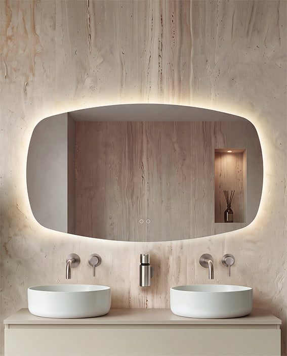 Lumora spiegel rechthoek met afgeronde hoeken met LED, dimbaar en spiegelverwarming 140 x 74 cm
