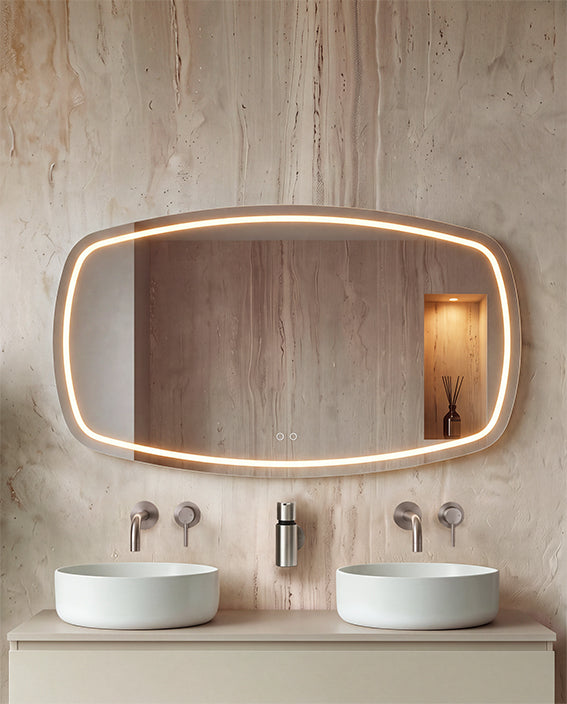 Lumora spiegel rechthoek met afgeronde hoeken met LED, dimbaar en spiegelverwarming 140 x 74 cm