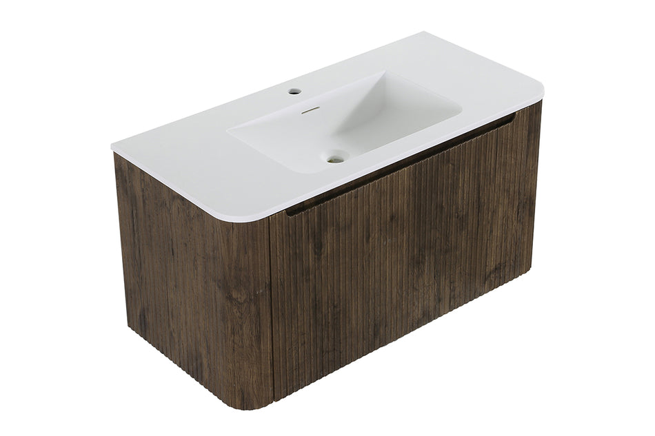 Sulora onderkast afgeronde hoeken geribbeld met 1 lade 1 uitsparing 120 x 48 cm bruin eiken
