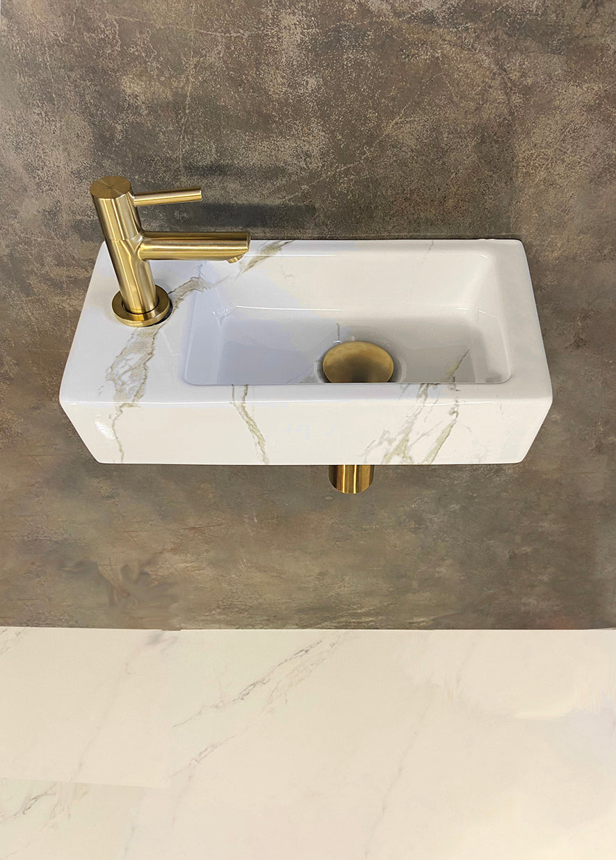 Fontein SET Rhea S mini - Fontein links carrara - Kraan, sifon en afvoerplug - Geborsteld messing