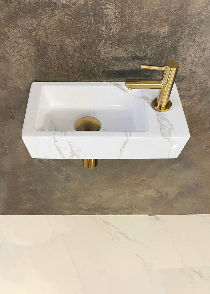 Fontein SET Rhea S mini - Fontein rechts carrara - Kraan, sifon en afvoerplug - Geborsteld messing