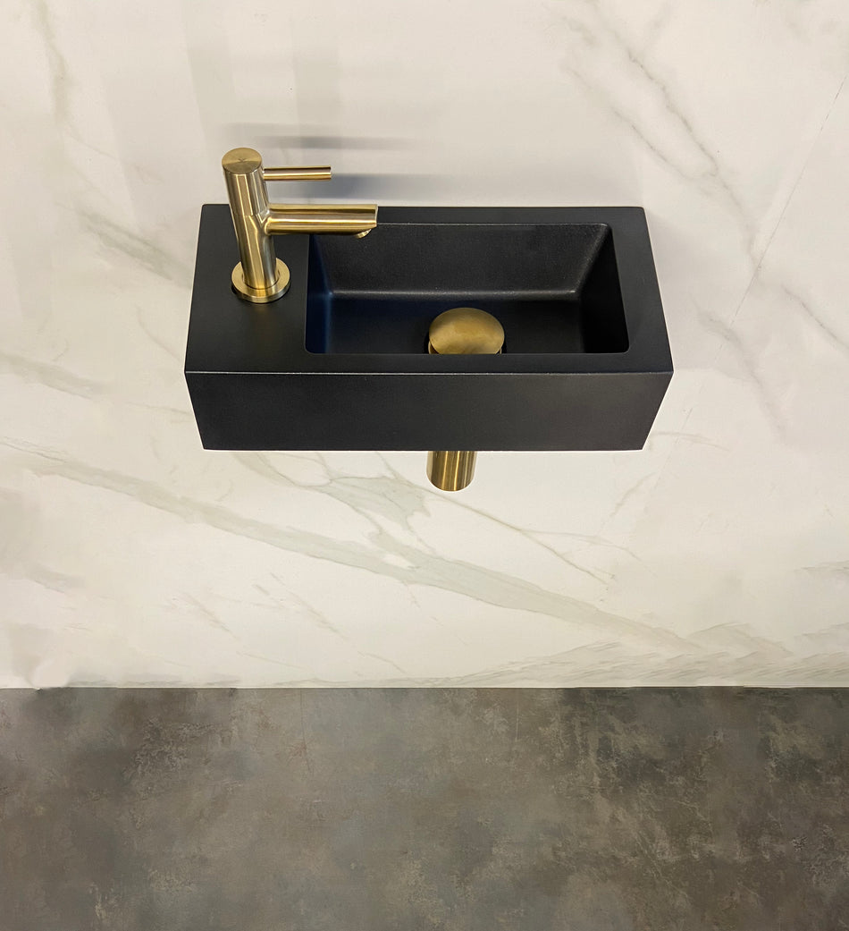 Fontein SET Rhea S mini - Fontein links quartz - Kraan, sifon en afvoerplug - Geborsteld messing