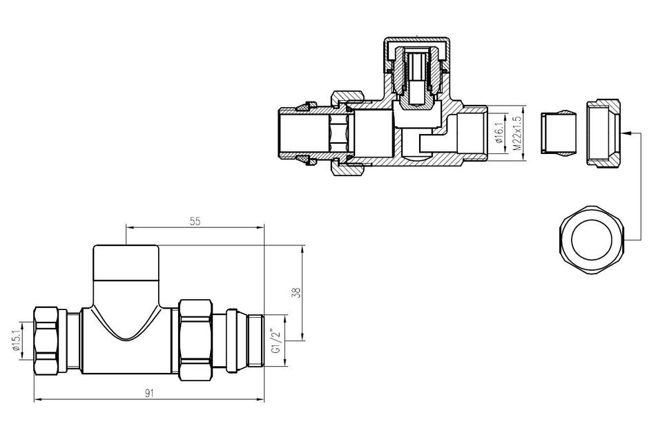 luxe regeltee 1/2''x15 (M22) knel recht chroom