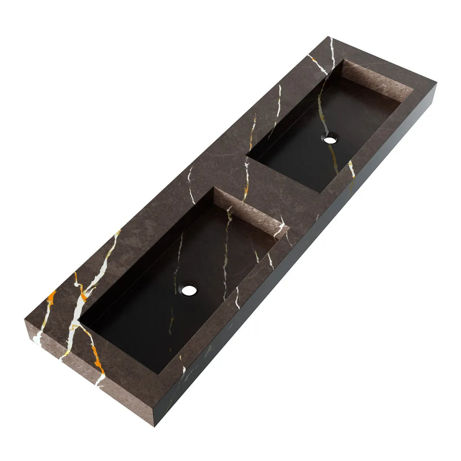 BRAUER Coral wastafel 160x46cm - 2 wasbak - 0 of 2 kraangat - marmerlook - Calacatta gold, copper brown en nero marquina