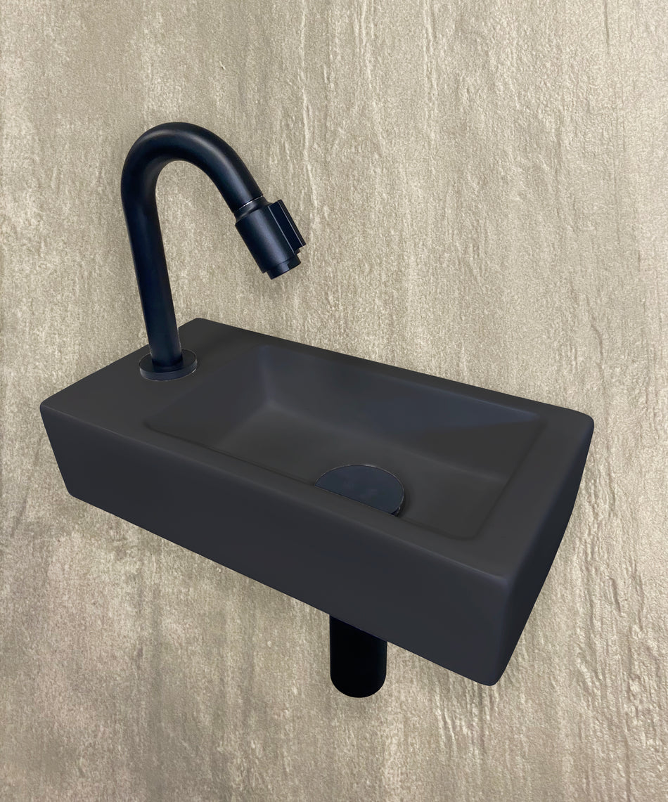 Fontein SET Rhea S mini - Fontein links - Quartz, kraan, sifon en afvoerplug - Mat zwart
