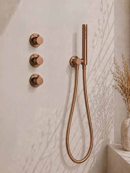 Caral inbouwthermostaat 2 stopkranen compleet met hoofddouche 25 cm en staafhanddouche geborsteld brons koper
